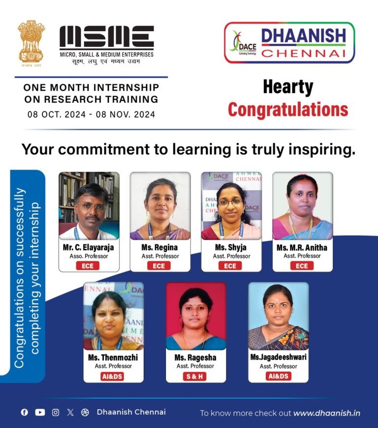 Dhaanish Chennai proudly acknowledges the successful completion of the One-Month Research Training Internship at MSME (Micro, Small & Medium Enterprises) by our dedicated faculty members from 8th October to 8th November 2024.