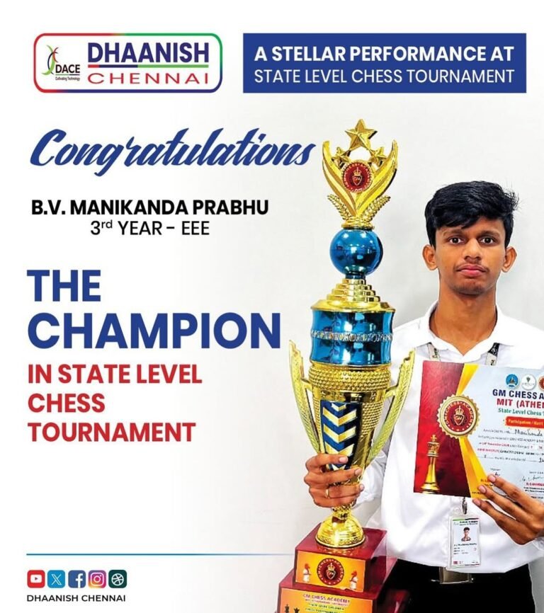 🎉 Congratulations to B.V. Manikanda Prabhu from 3rd Year – EEE for a stellar performance at the State Level Chess Tournament! 🏆