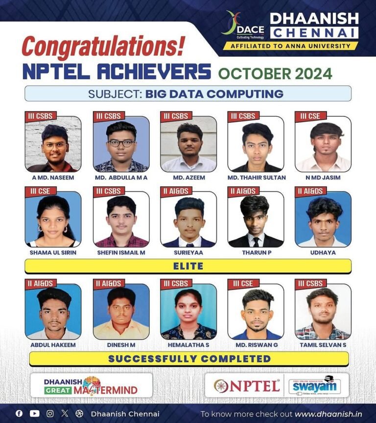 🌟 Kudos to our NPTEL Achievers – October 2024! 🎉👏Subject: Big Data Computing 📊💻