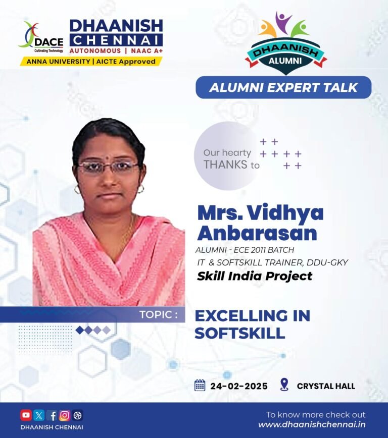 We are delighted to welcome Mrs. Vidhya Anbarasan, an esteemed alumna from the ECE 2011 Batch, as our guest speaker for the Alumni Expert Talk on 24th February 2025 at Crystal Hall.