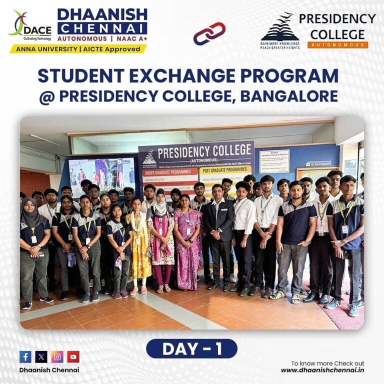 Dhaanish Chennai proudly kickstarts the Student Exchange Program at Presidency College, Bangalore! This exciting initiative provides our students with an incredible opportunity to gain new academic insights, experience a different learning environment, and engage with peers from diverse backgrounds.