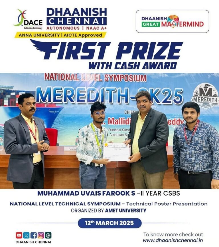 We are proud to announce that Umar Muhammad & Rishi Easwaran, II Year CSBS, have secured the Winner-Up position with a Cash Award in the Technical Debate at the National Level Technical Symposium – MEREDITH 2K25, organized by AMET University on 14th March 2025! 🏆👏