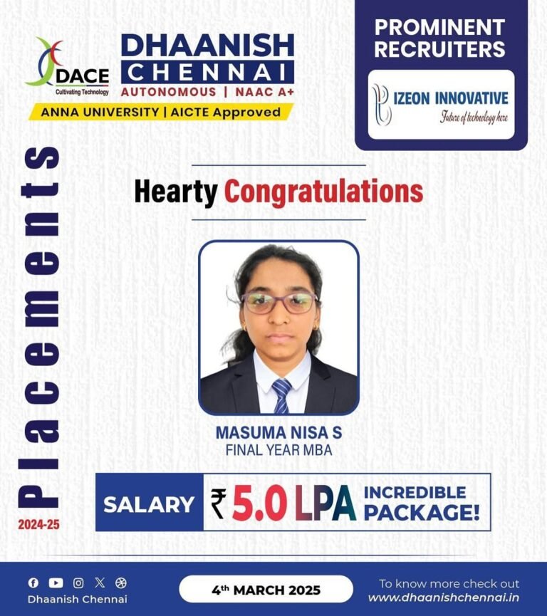 We are proud to announce that Masuma Nisa S, Final Year MBA, has been placed at IZEON INNOVATIVE with an incredible salary package of ₹5.0 LPA! 💼✨