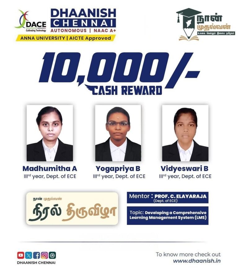 Heartfelt congratulations to Madhumitha A, Yogapriya B, and Vidyeswari B from III Year, Dept. of ECE for winning a ₹10,000 cash reward in the Naan Mudhalvan – Niral Thiruvizha initiative!