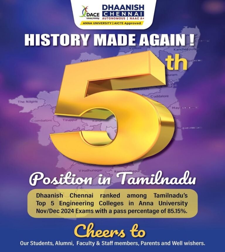 We’re proud to share that Dhaanish Chennai has been ranked among Tamil Nadu’s Top 5 Engineering Colleges in the Nov/Dec 2024 Examinations conducted by Anna University, Chennai.