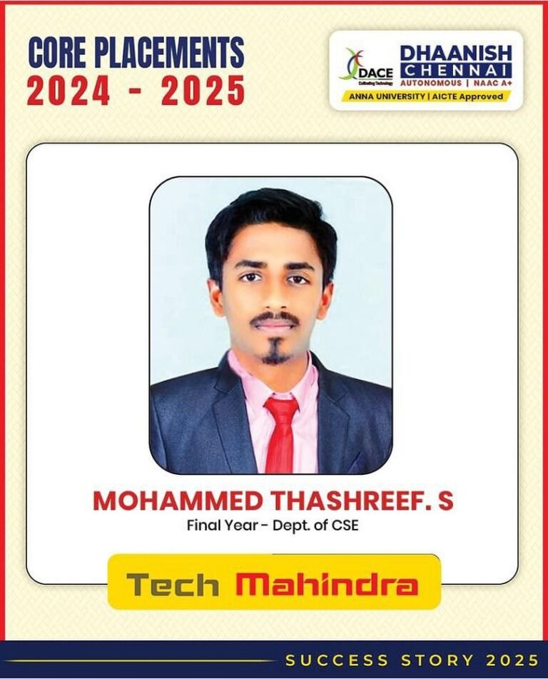Core Placement Achievement!Congratulations to Mohammed Thashreef. S from the Final Year – CSE Department for getting placed at Tech Mahindra!