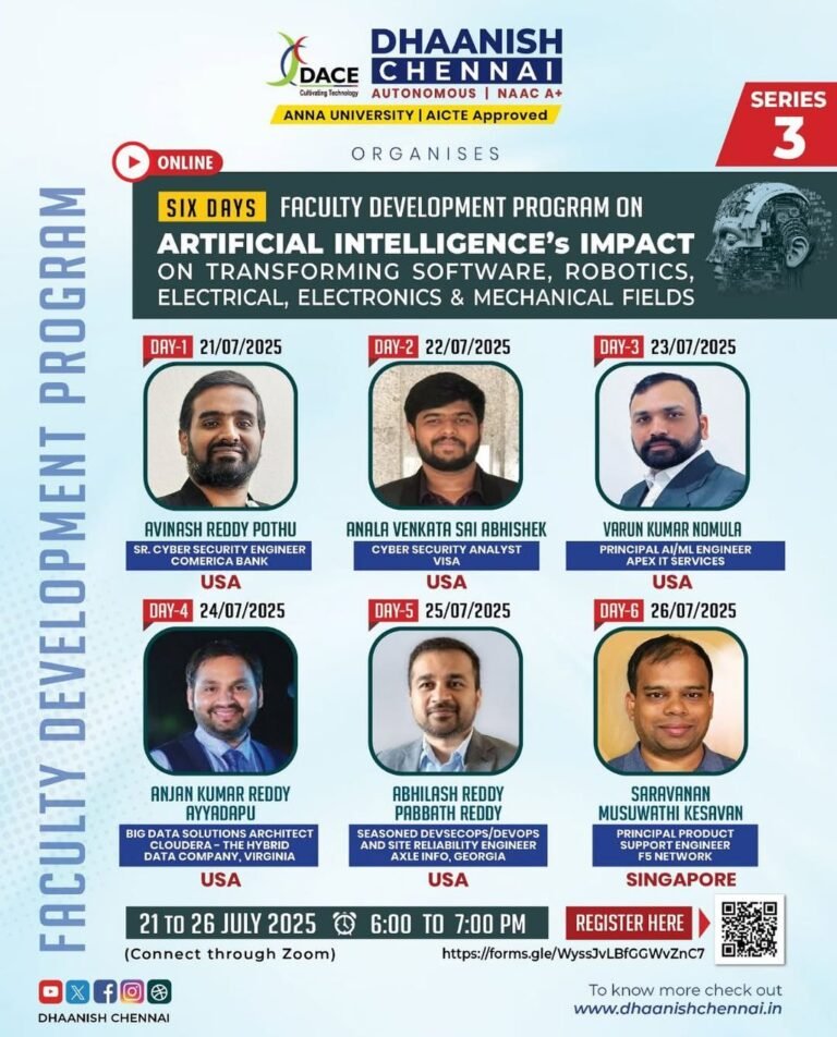 Dhaanish Chennai proudly presents Series 3 of our Six-Day Faculty Development Program on“Artificial Intelligence’s Impact on Transforming Software, Robotics, Electrical, Electronics & Mechanical Fields”