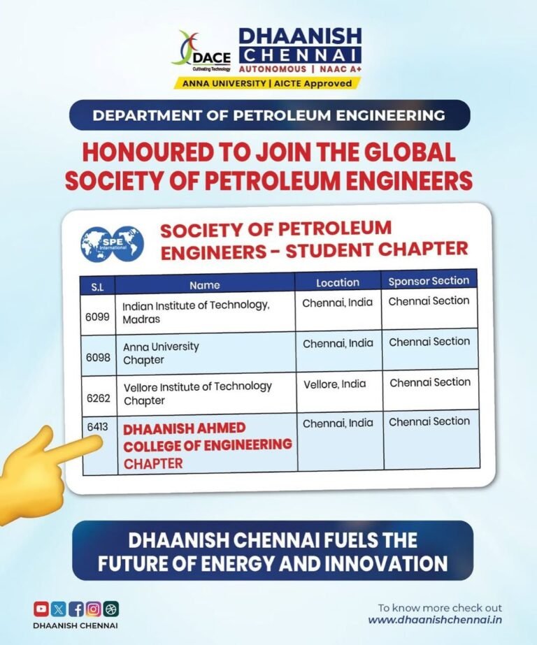 We’re proud to announce that Dhaanish Ahmed College of Engineering, Chennai is now officially a Student Chapter of the Society of Petroleum Engineers (SPE International)!