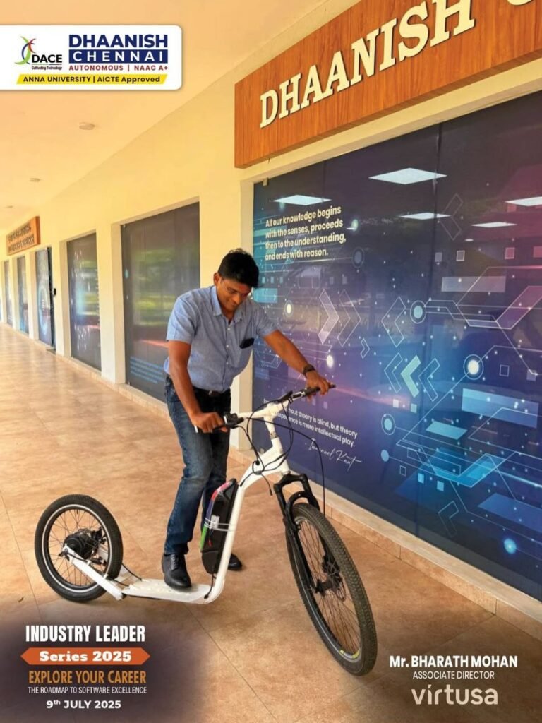 Here’s a lighter moment from Industry Leader Series 2025, as Mr. Bharath Mohan, Associate Director at Virtusa, explored our student-built innovation — an electric mobility prototype